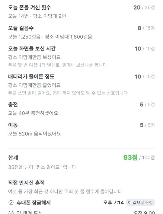 평소 같아요를 눌렀을 때 보이는 이유 화면. 충전 5점, 이동 5점, 합계 93점